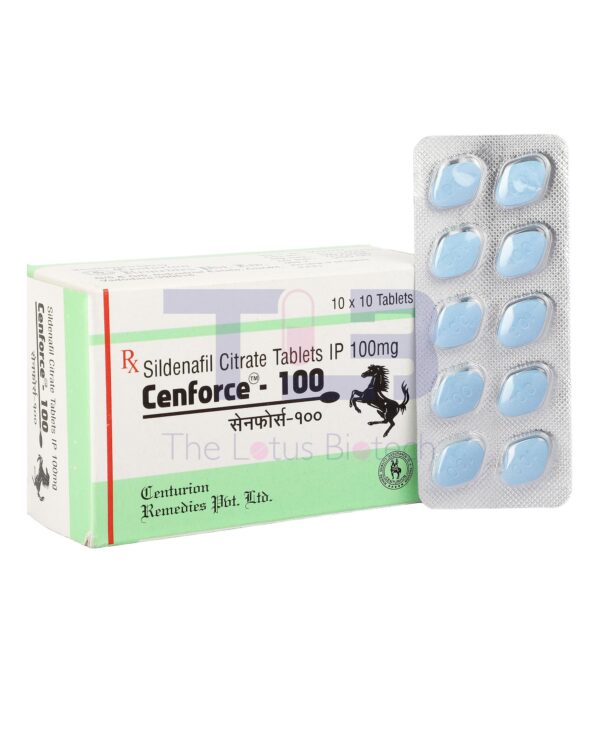Cenforce-100 (box and blister pack containing 12 tablets) is an ED pill for men. It contains Sildenafil citrate.