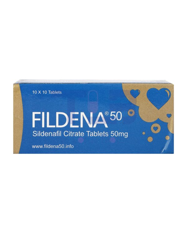 Fildena 50 (Front)- ED pill for men- contains Sildenafil Citrate