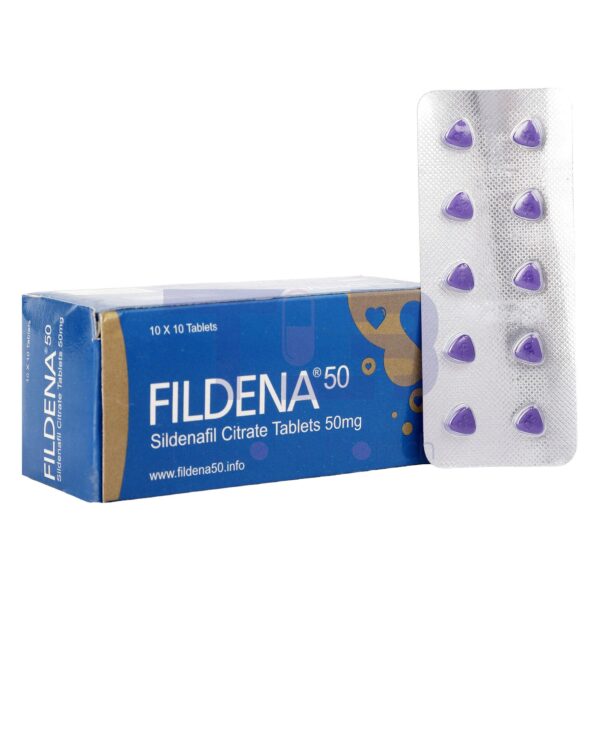 Fildena 50 (Front and 10 tablets)- ED pill for men- contains Sildenafil Citrate